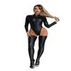 SYZYN Women Wet Look Black Leather Bodysuit Jumpsuit One-piece Long Sleeved Leotards Catsuit with Stockings (XL) view 1