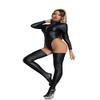 SYZYN Women Wet Look Black Leather Bodysuit Jumpsuit One-piece Long Sleeved Leotards Catsuit with Stockings (XL) view 3