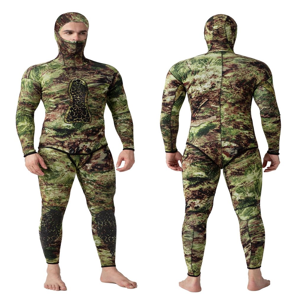 FLEXEL Men Spearfishing Premium Camouflage 3mm 5mm CR Neoprene Wetsuit Scuba Diving Suit Hoodie Snorkeling Suits 2 Piece