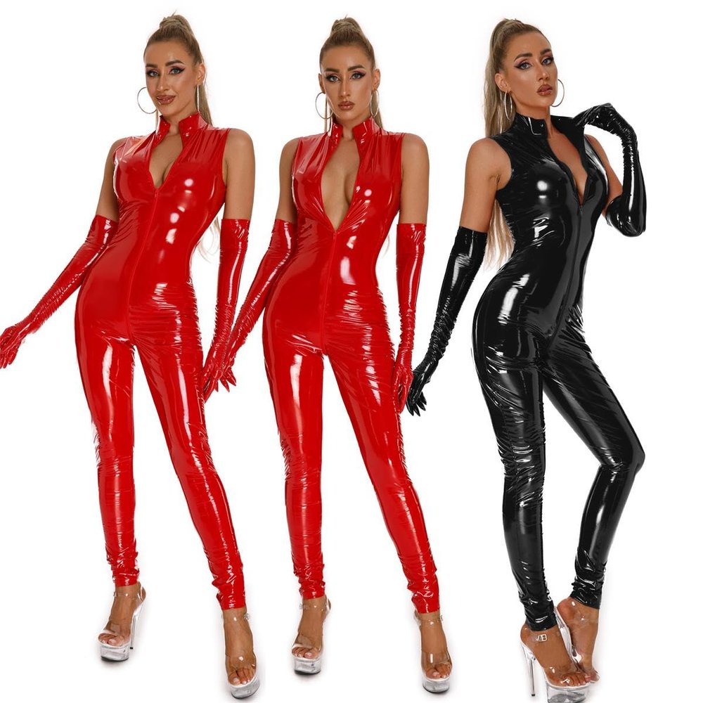 Women Wet Look Shiny Metallic Leather Bodysuit Jumpsuit One-piece Sleeveless Leotards Catsuit with gloves (S,Black)