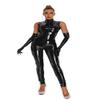 Women Wet Look Shiny Metallic Leather Bodysuit Jumpsuit One-piece Sleeveless Leotards Catsuit with gloves (S,Black) view 3