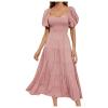 QXQYGRZ Womens 2024 High Waist Tiered Smocked Dresses Chiffon Puff Sleeve Dresses Square Neck Ruffle Maxi Formal Dress Pink view 1