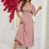 QXQYGRZ Womens 2024 High Waist Tiered Smocked Dresses Chiffon Puff Sleeve Dresses Square Neck Ruffle Maxi Formal Dress Pink view 3