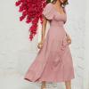 QXQYGRZ Womens 2024 High Waist Tiered Smocked Dresses Chiffon Puff Sleeve Dresses Square Neck Ruffle Maxi Formal Dress Pink view 4