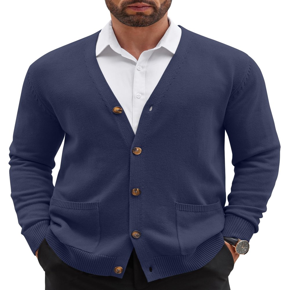 COOFANDY Men's Cardigan Sweater Long Sleeve Casual V Neck Button Down Knitted Sweater with Pockets Navy Blue