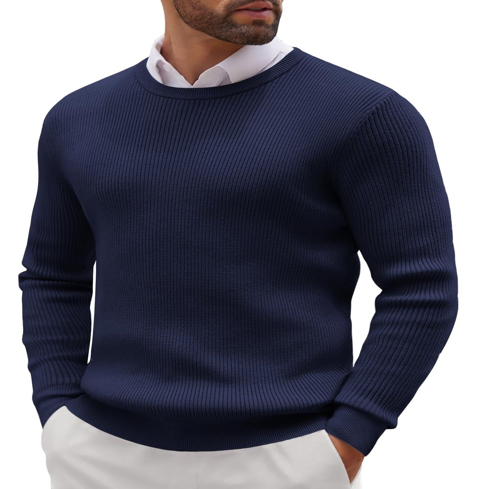 COOFANDY Men's Ribbed Crewneck Sweater Long Sleeve Slim Fit Knitted Pullover Sweater Navy Blue