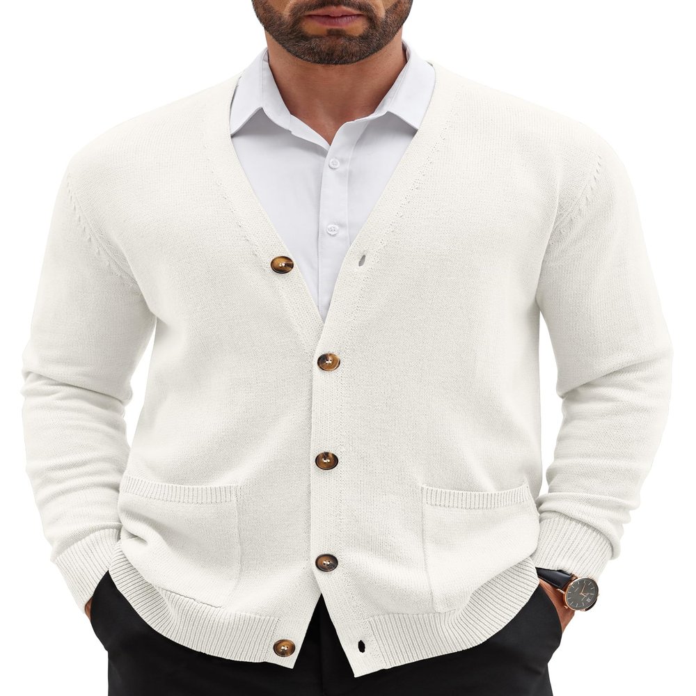 COOFANDY Men's Cardigan Sweater Long Sleeve Casual V Neck Button Down Knitted Sweater with Pockets Ivory