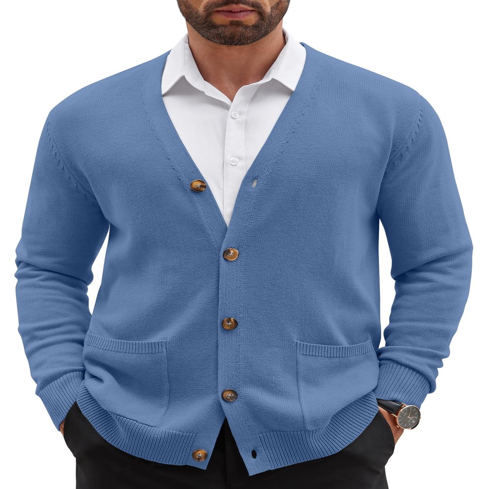 COOFANDY Men's Cardigan Sweater Long Sleeve Casual V Neck Button Down Knitted Sweater with Pockets Blue