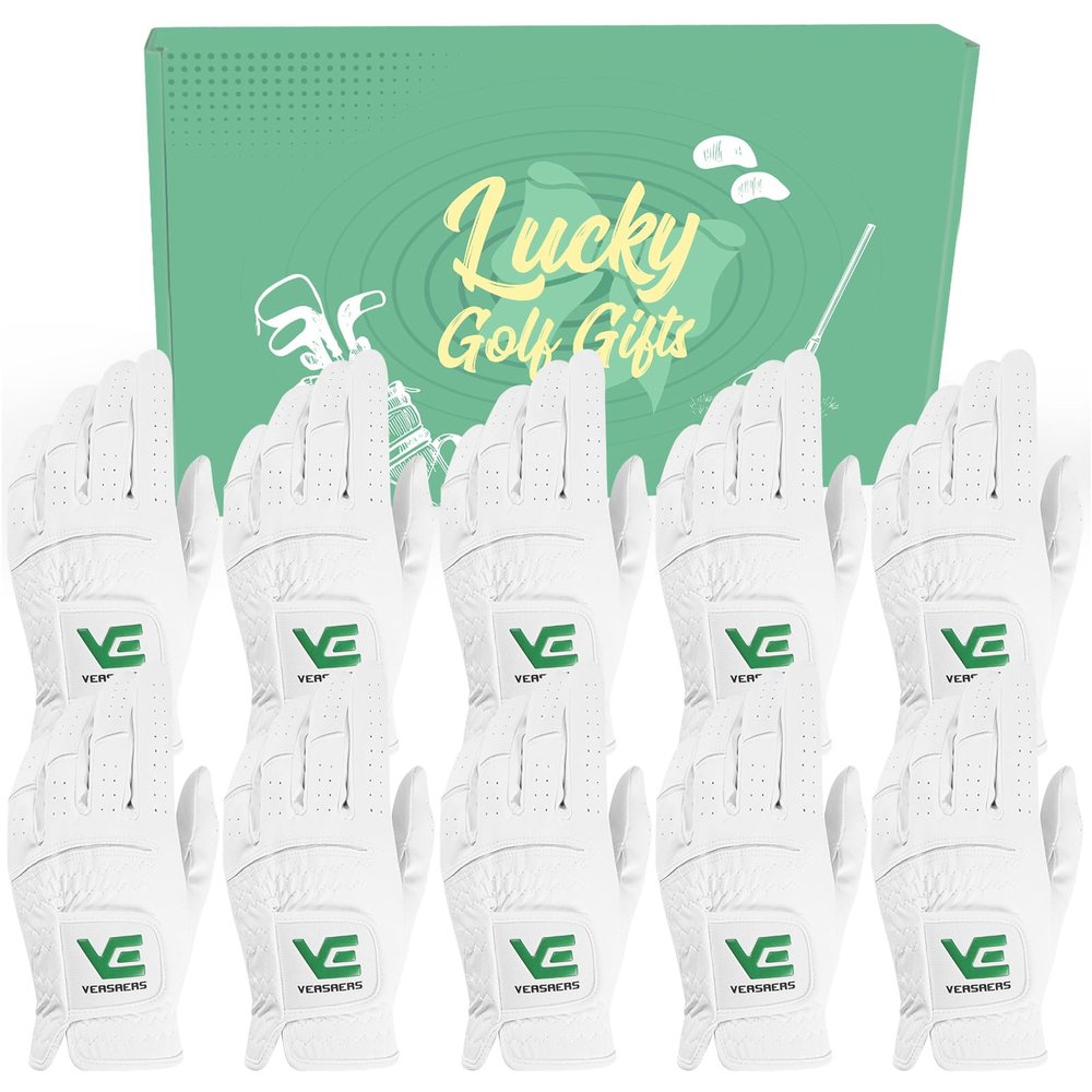 VEASAERS Golf Gloves Men Value 10 Pack Left Hand for Right Handed Golfer, Mens Glove with Gift Box All Weather Grip Soft Breathable (10Pack White, Small(Worn On Left Hand))