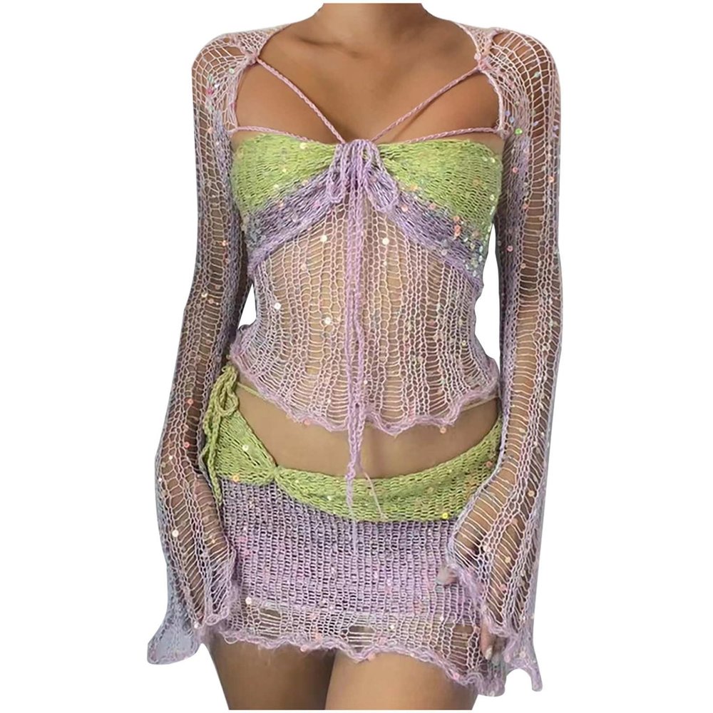 XUNRYAN Women Sequin Dresses Two Piece Outfits Sparkly Glitter Evening Party Knit Beach Coverup Concert Outfit Y2K Clothes