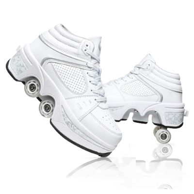 Roller Skates for Girls Double-Row Retractable Roller Shoes with Wheels Sneakers with Wheels Indoor Outdoor Roller Skating Shoes for Women (High Top White, US 7)