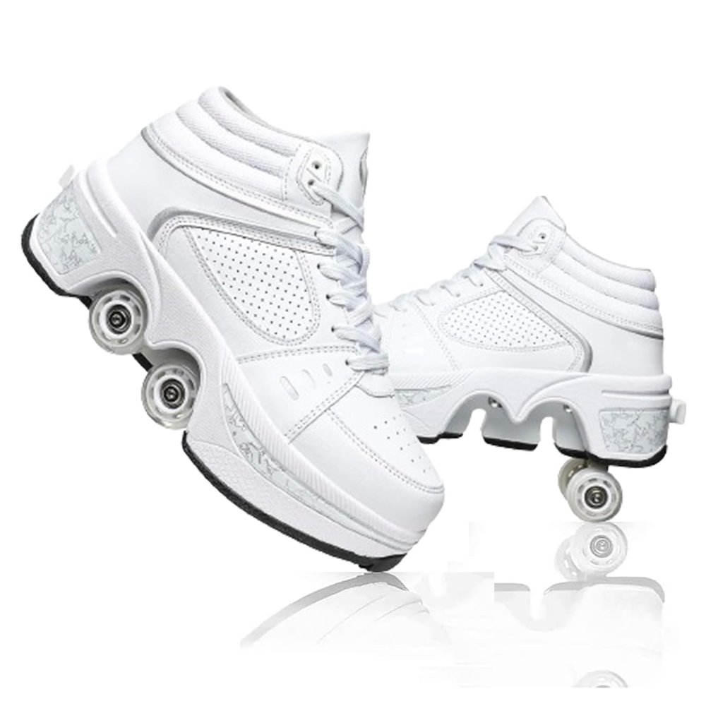 Roller Skates for Girls Double-Row Retractable Roller Shoes with Wheels Sneakers with Wheels Indoor Outdoor Roller Skating Shoes for Women (High Top White, US 7)