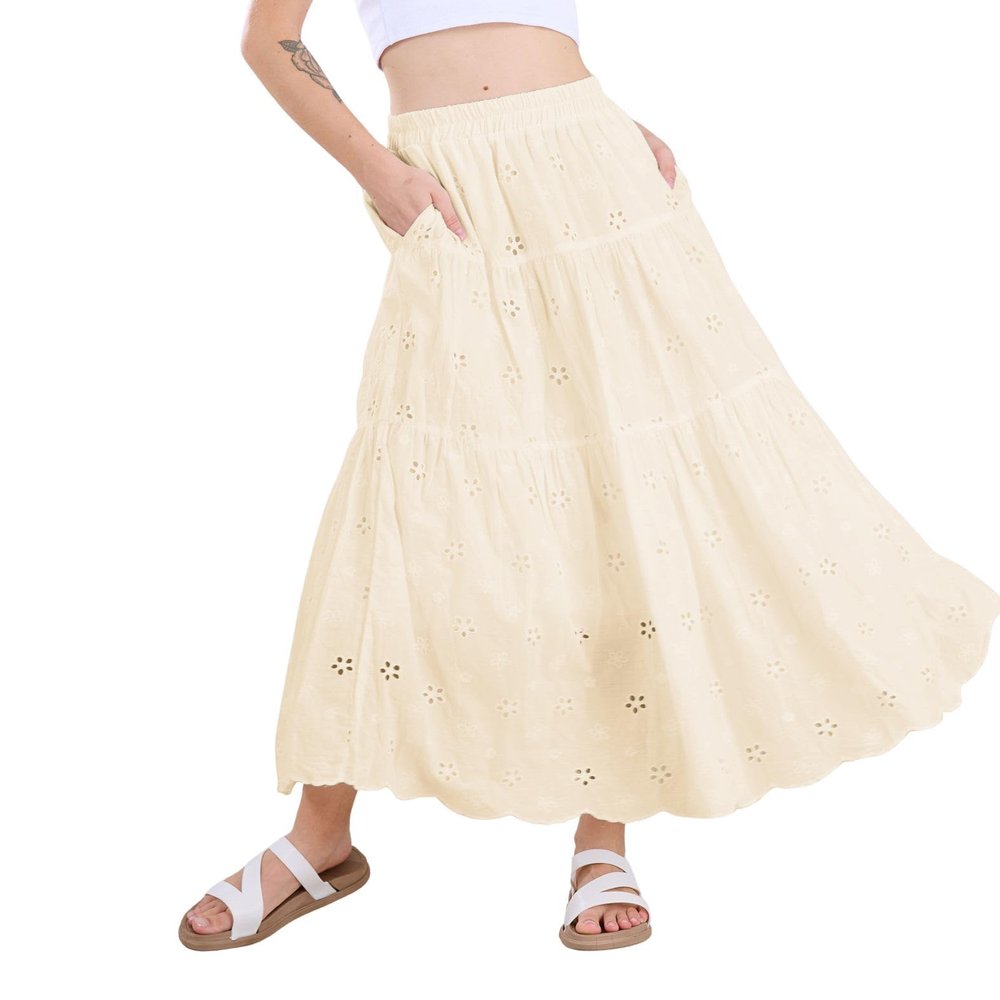 chouyatou Women's Lace Embroidery Eyelet Boho Skirt High Elastic Waisted Flowy Swing Midi Long Skirt (Large, Apricot)