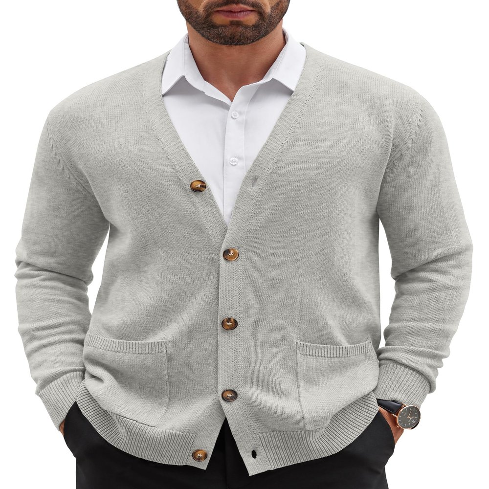 COOFANDY Men's Cardigan Sweater Long Sleeve Casual V Neck Button Down Knitted Sweater with Pockets Light Grey