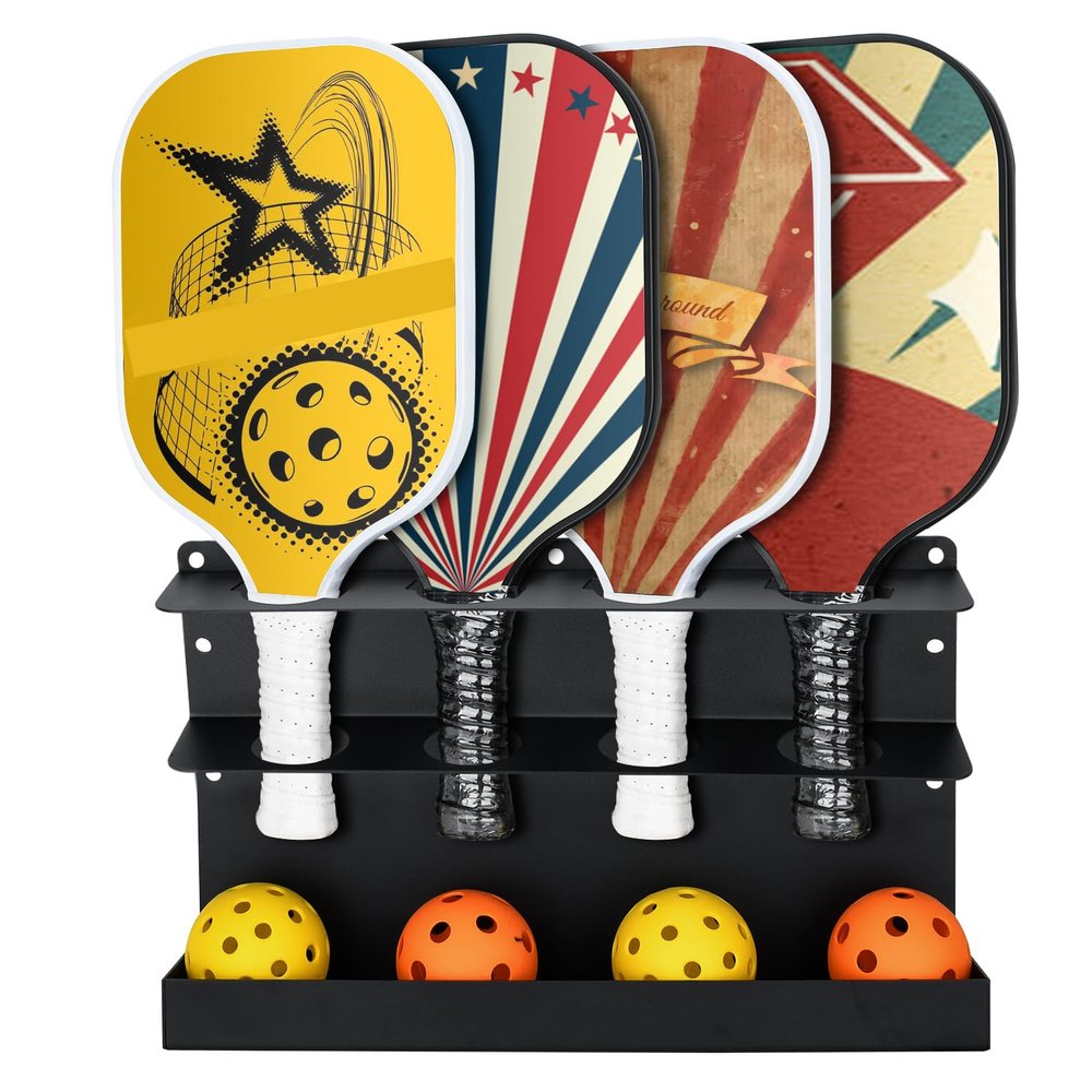 TOPOWN Pickleball Paddle & Ball Rack - Heavy-Duty Steel, Holds 4 Paddles & 4 Balls, Fence & Wall Mount