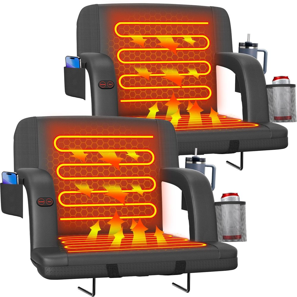 Suteck 2 pcs Dual-Sided Heated Stadium Seats for Bleachers with Back Support, 21" Portable Heated Bleacher Seat with Backrest, 3 Heat Levels, 5 Pockets  Ideal for Outdoor Stadiums and Events - Black