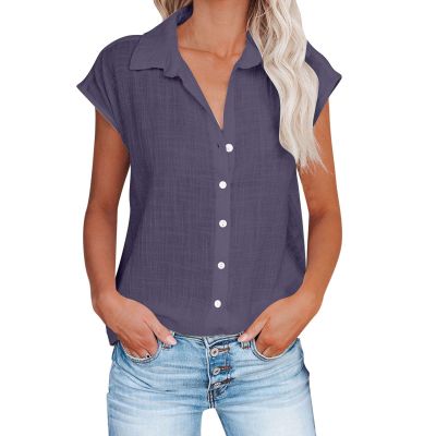 Womens Button Down Cotton Linen Shirts V Neck Roll Up Short Sleeve Blouses Loose Collared Shirt Casual Work Tops Purple 2X