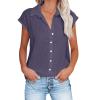 Womens Button Down Cotton Linen Shirts V Neck Roll Up Short Sleeve Blouses Loose Collared Shirt Casual Work Tops Purple 2X view 1