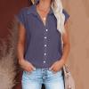 Womens Button Down Cotton Linen Shirts V Neck Roll Up Short Sleeve Blouses Loose Collared Shirt Casual Work Tops Purple 2X view 2