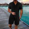 Mens 2 Piece Short Set Short Sleeve Hippie Button Down Hawaiian Shirts Drawstring Waist Shorts Casual Summer Beach Outfits Black view 2