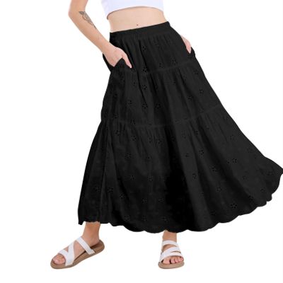 chouyatou Women's Lace Embroidery Eyelet Boho Skirt High Elastic Waisted Flowy Swing Midi Long Skirt (Small, Black)