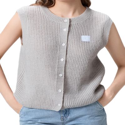 Women Chunky Button Sweater Vest Sleeveless Round Neck Ribbed Knit Tank Top Y2k Knitted Cardigan Vest Shirt(Basic Grey,S)
