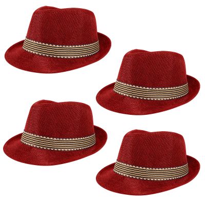 Ultrafun 4 Pack Kids Fedora Hat Short Brim Straw Trilby Jazz Hat Summer Sun Beach Cap for Boys Girls 5-10 Years (Wine Red)