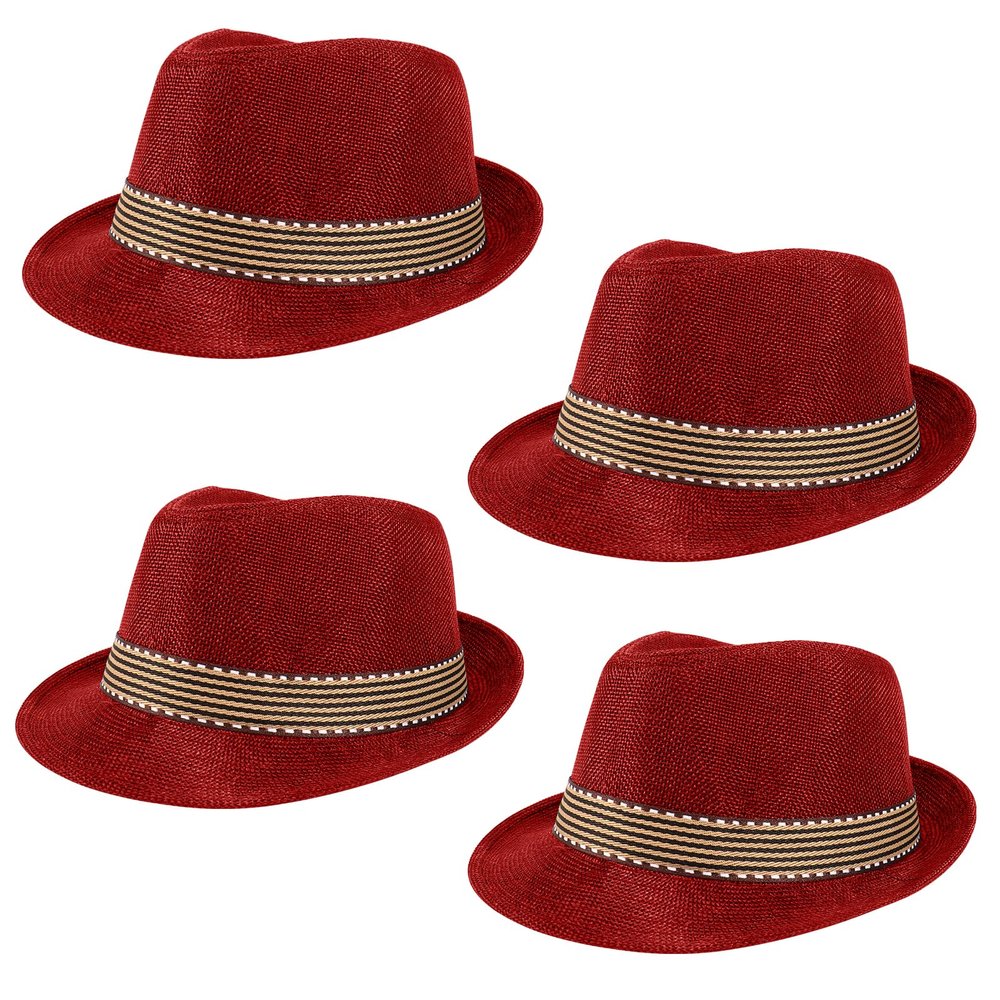 Ultrafun 4 Pack Kids Fedora Hat Short Brim Straw Trilby Jazz Hat Summer Sun Beach Cap for Boys Girls 5-10 Years (Wine Red)