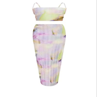 Pluto & Fox Women 2 Piece Pleated Beach Vacation Outfits Casual Sleeveless Crop Tops High Waisted Maxi Skirt Sets(C4,Medium)