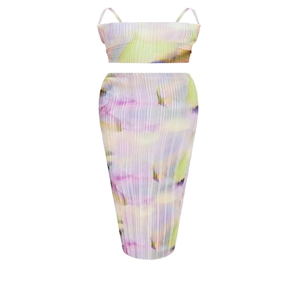 Pluto & Fox Women 2 Piece Pleated Beach Vacation Outfits Casual Sleeveless Crop Tops High Waisted Maxi Skirt Sets(C4,Medium)