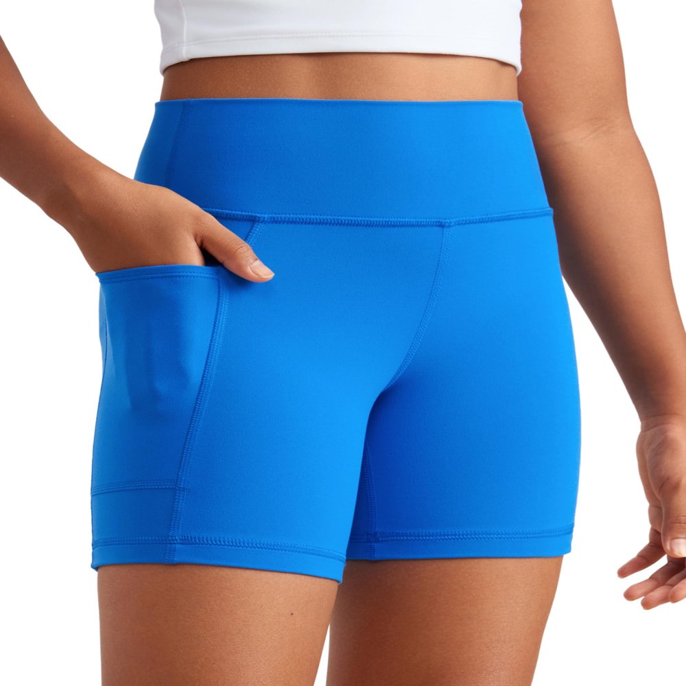 CRZ YOGA Girls Butterluxe Athletic Biker Shorts with Pockets - Dance Yoga Casual High Waist Kids Teen Summer Sparkle Blue Medium