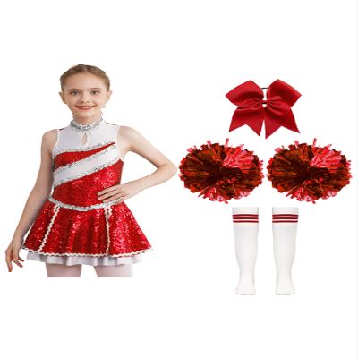 Hularka Kids Girls Cheer Leader Costume Cheerleading Outfits Sequins Dance Dress with Pom Poms Headwear Socks A Red 13-14 Years
