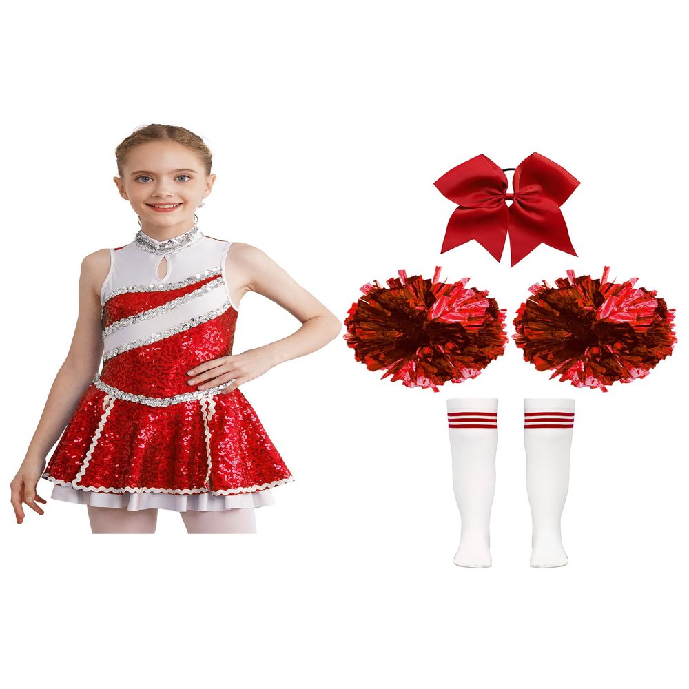 Hularka Kids Girls Cheer Leader Costume Cheerleading Outfits Sequins Dance Dress with Pom Poms Headwear Socks A Red 13-14 Years