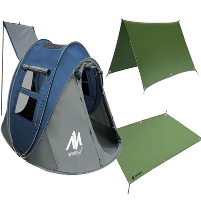 Tent Footprint + Pop Up Tent, Waterproof 4 Person Camping Tent & Tent Ground Cloth Family Camping Tents Ground Sheet Mat with 6 Tent Stakes