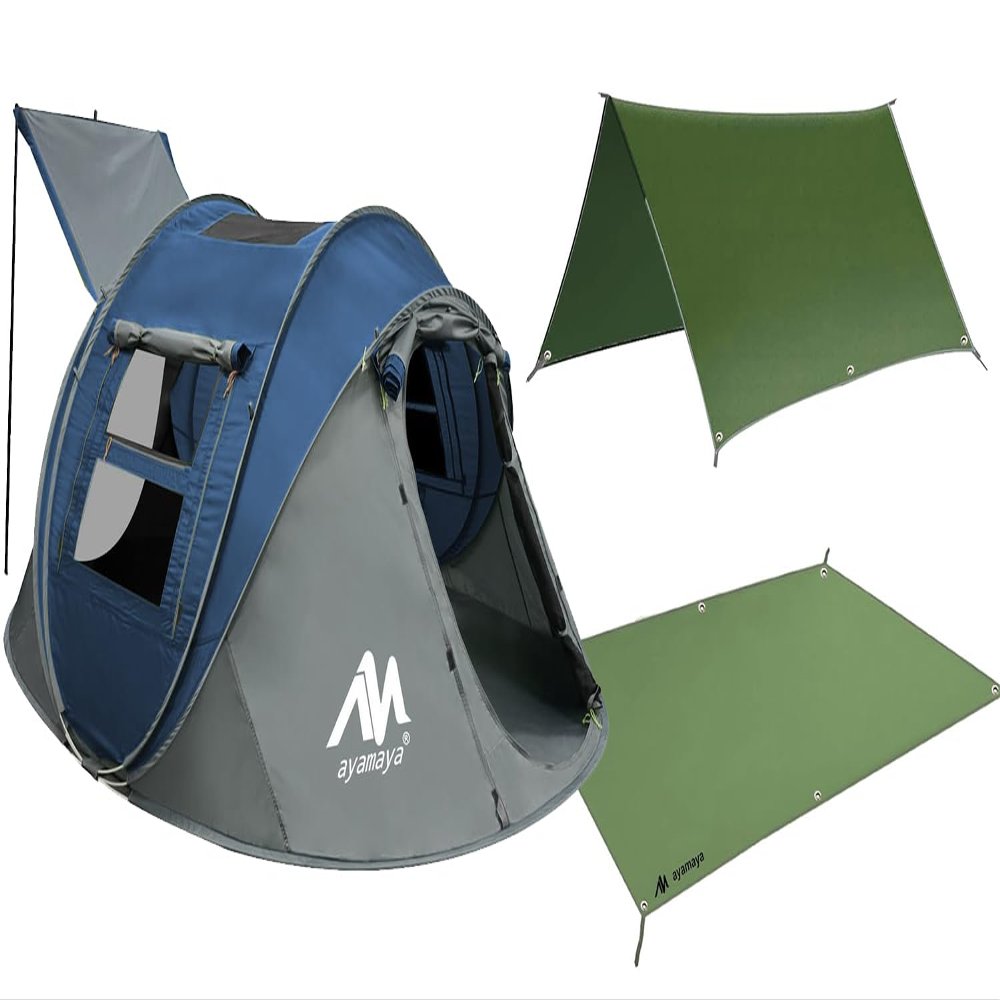 Tent Footprint + Pop Up Tent, Waterproof 4 Person Camping Tent & Tent Ground Cloth Family Camping Tents Ground Sheet Mat with 6 Tent Stakes