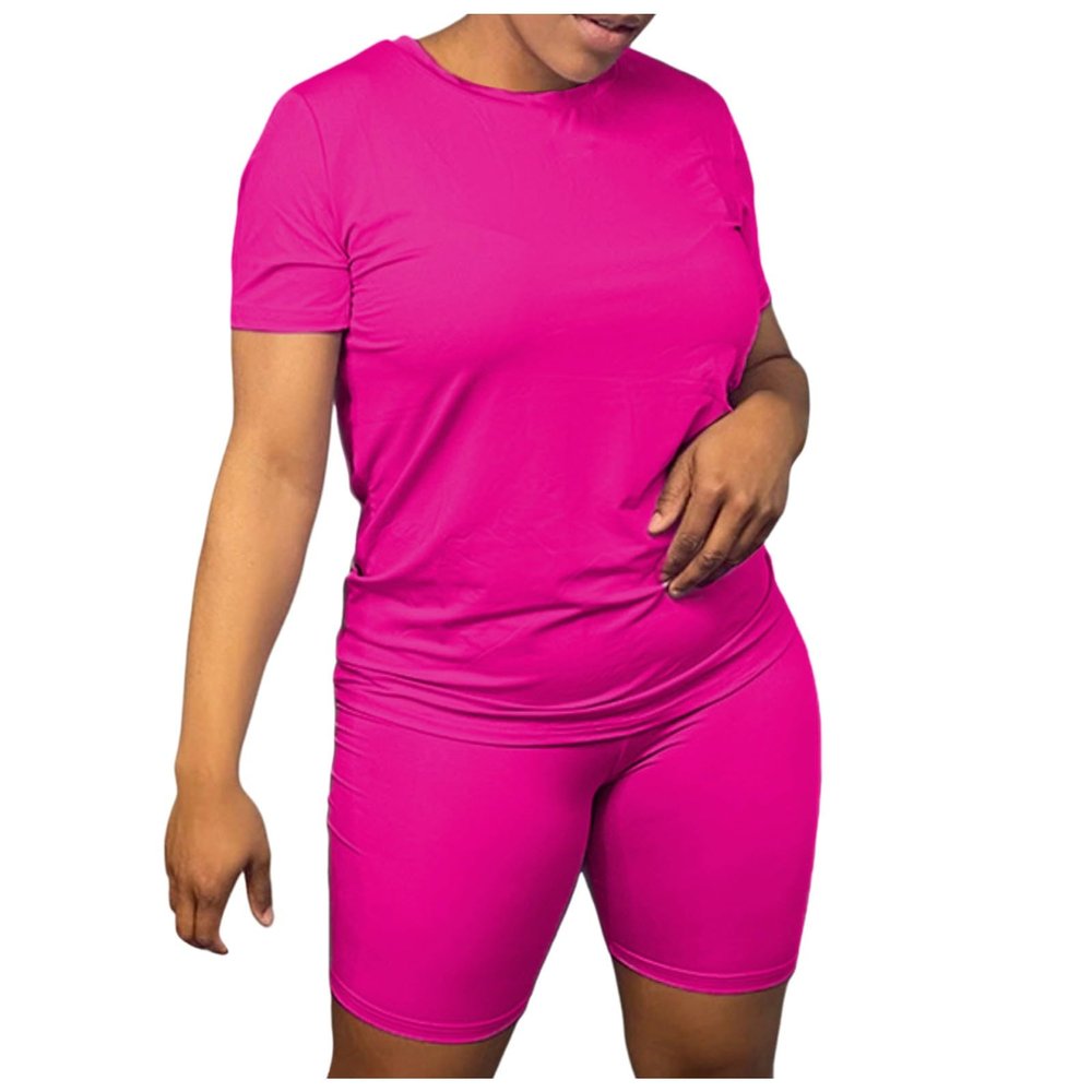 Nisdediwo Athletic Shirts For Womens Two Piece Summer Plus Size Round Neck T-Shirt Tops Biker Shorts Gym Workout Tracksuit, 5X-Large, 01-hot Pink