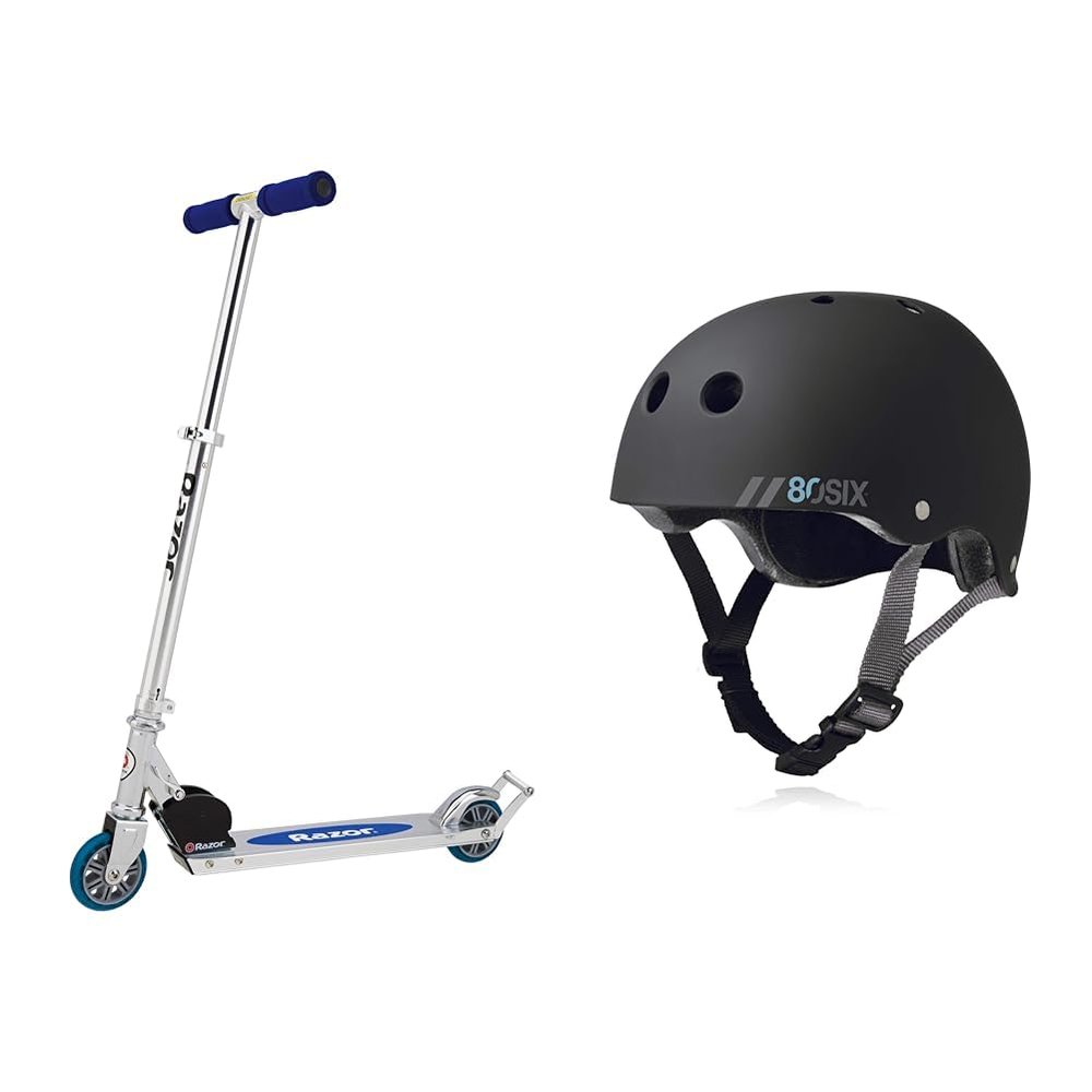 Razor AW Kick Scooter Blue FFP Steel/Blue Bundle with 80Six Dual Certified Kids Bike Scooter & Skateboard Helmet Black Matte Small/Medium Ages 8+