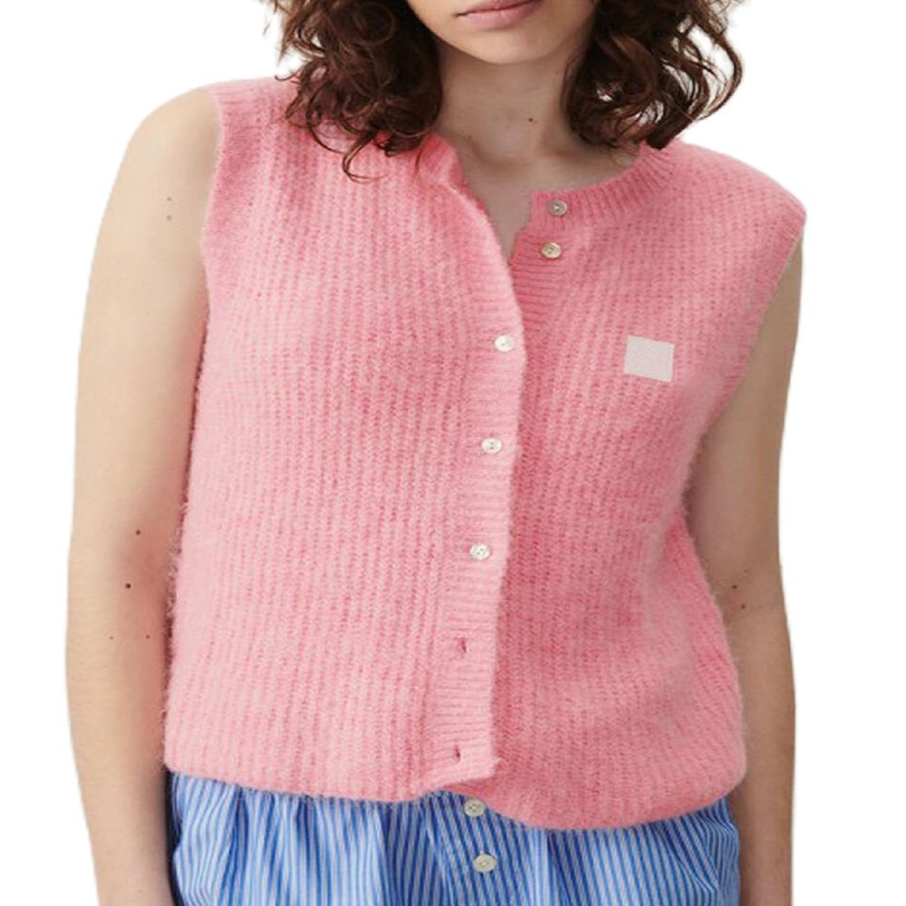 Women Chunky Button Sweater Vest Sleeveless Round Neck Ribbed Knit Tank Top Y2k Knitted Cardigan Vest Shirt(Basic Pink,S)