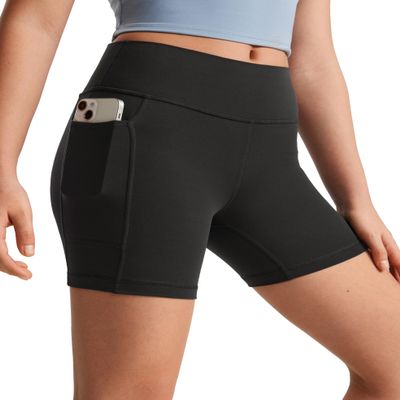 CRZ YOGA Girls Butterluxe Athletic Biker Shorts with Pockets - Dance Yoga Casual High Waist Kids Teen Summer Black Medium
