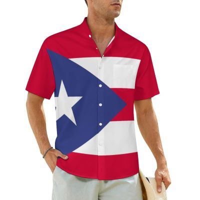 Hawaiian Shirt Classic Trend Shirt Mens Puerto Rico Flag Short Sleeve Casual Beach Shirts 2XL