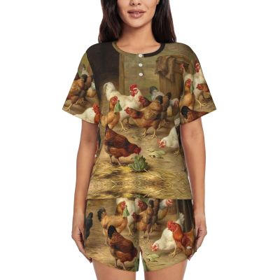 Amazwi Farm Chickens Short Sleeve Pajamas Sets For Women Casual Crew Neck Sleepwear Soft Loungewear Tracksuits Outfit
