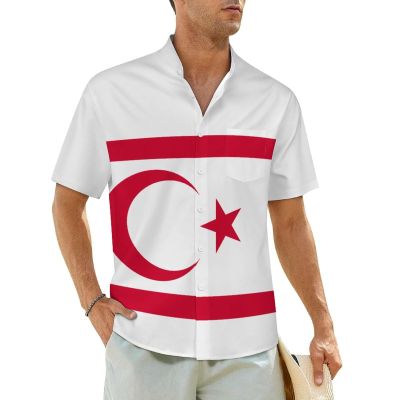 Adugen Origei Hawaiian Shirt Turkish Repubic of Northern Cyprus Flag 90s Button Up Shirts for Men Casual Short Sleeve Shirt Retro L