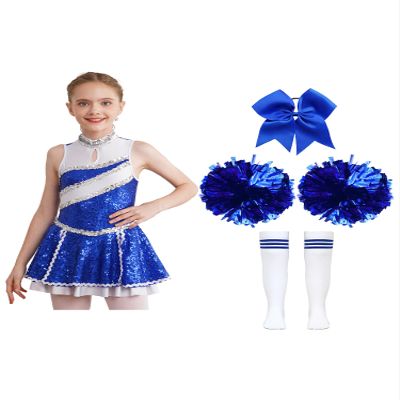 Hularka Kids Girls Cheer Leader Costume Cheerleading Outfits Sequins Dance Dress with Pom Poms Headwear Socks A Blue 13-14 Years