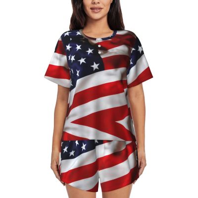 Amazwi American Flag Short Sleeve Pajamas Sets For Women Casual Crew Neck Sleepwear Soft Loungewear Tracksuits Outfit, 3X-Large