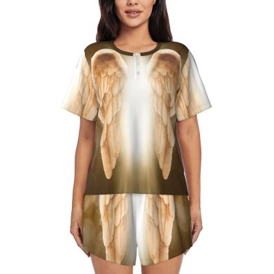 Amazwi Angel Wing Short Sleeve Pajamas Sets For Women Casual Crew Neck Sleepwear Soft Loungewear Tracksuits Outfit