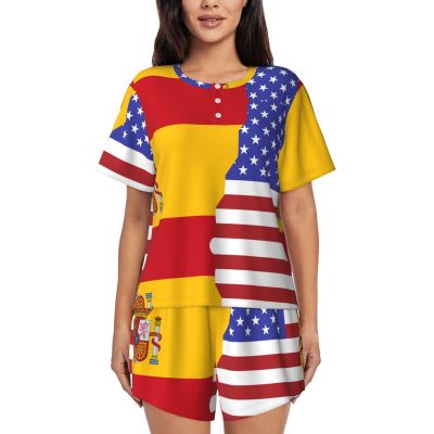 Amazwi American Spain Flag Short Sleeve Pajamas Sets For Women Casual Crew Neck Sleepwear Soft Loungewear Tracksuits Outfit, 4X-Large