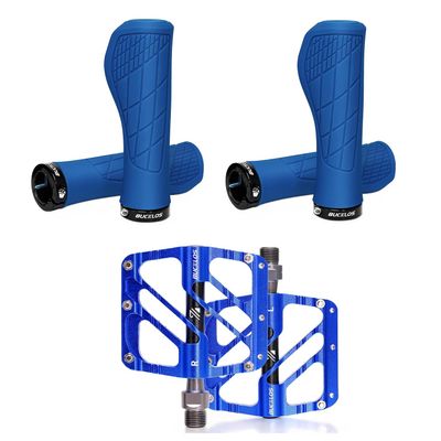 BUCKLOS Blue Single Lock-on Mountain Bike Handlebar Grips Ergonomic Anti-Slip Handle Grip and MTB Flat Pedals 3 Bearings CNC Adult Road Bike Pedals