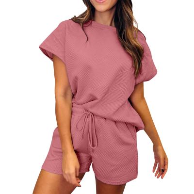 Womens 2 Piece Outfits 2024 Summer Pajamas Ribbed Knit Short Sleeve Shirt and Shorts Tracksuit Lounge Sets Casual Short Sleeve Pullover Tops and Drawstring Shorts Pants Lounge Sets