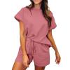 Womens 2 Piece Outfits 2024 Summer Pajamas Ribbed Knit Short Sleeve Shirt and Shorts Tracksuit Lounge Sets Casual Short Sleeve Pullover Tops and Drawstring Shorts Pants Lounge Sets view 1