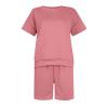 Womens 2 Piece Outfits 2024 Summer Pajamas Ribbed Knit Short Sleeve Shirt and Shorts Tracksuit Lounge Sets Casual Short Sleeve Pullover Tops and Drawstring Shorts Pants Lounge Sets view 2